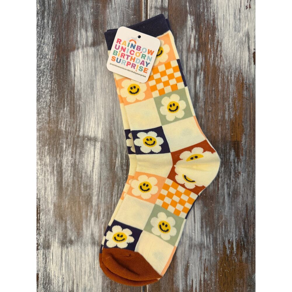 Rainbow Unicorn Birthday Surprise Socks with Flowers and Happy Faces One Size